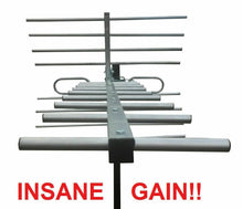 Load image into Gallery viewer, Front view of the Range Xperts model XPS-1500 VHF / UHF Version outdoor TV antenna, with &#39;INSANE GAIN!!&#39; text on a white background